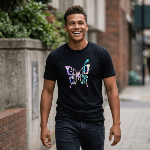 Camiseta mariposa Good Luck con estampado DTF multicolor