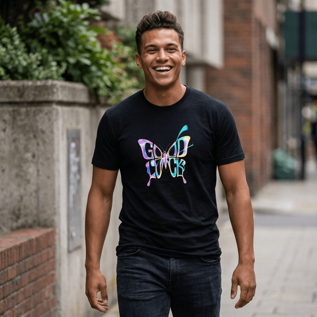 Camiseta mariposa Good Luck con estampado DTF multicolor