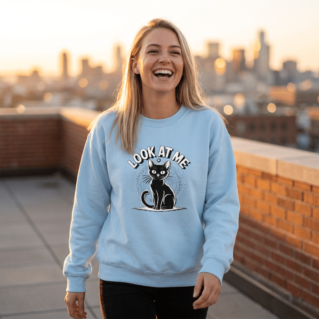 Sudadera unisex con gato negro y frase Look at Me